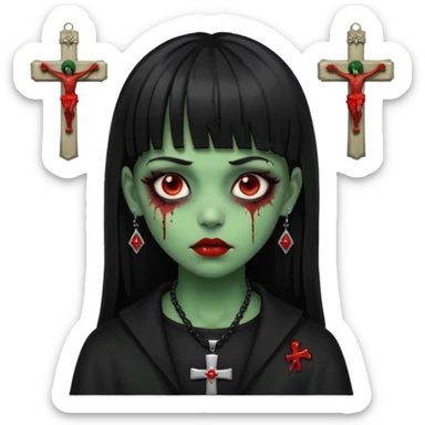 zumbi verde com olhos vermelhos sangrando e franja roupa preta e um crucifixo como colar, sem ser na testa e um piercing no nariz bem feminino a franja reta também  sticker