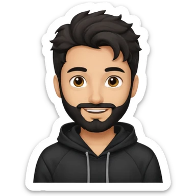 young fair skin pakistani guy smiling with black beard, wavy hair pushed back and brown eyes and thick eyebrows wearing black hoodie sticker