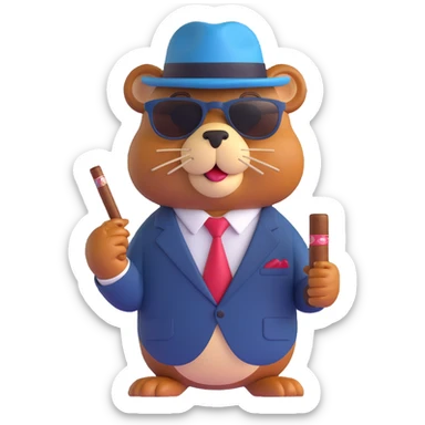 3D emoji style beaver with sunglasses, pinstripe suit, and cigar, gangster vibe sticker
