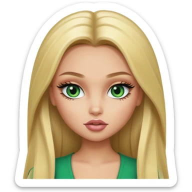 pretty bratz baddie, long blonde straight hair, pretty makeup, long lashes, green ey sticker