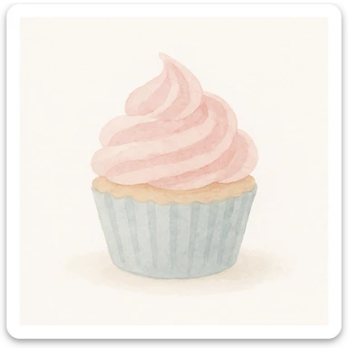 cupcake with pink icing, delicate brushstrokes, soft pastel colors, watercolor art style sticker