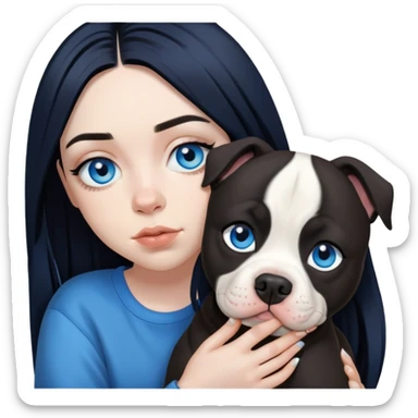 billie eilish, blue eyes, long black hair, dark eyeliner makeup, holding pitbull dog sticker