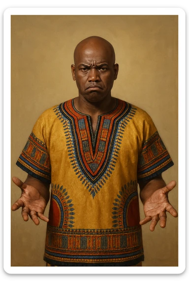 Сгенерируй мне афроамериканца в национальном африканском костюме, лысого,  . Строго в анфас. Его лицо чуточку недовольно, а руками он размахивает и разводит в сторону. На однородном фоне. В стиле реалистичной живописи. Он полностью помещается в экран и не обрезается краями изображения sticker