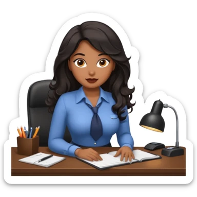 Curvy woman with brown skin with long wavy black hair, brown eyes. She's dressed as a sexy secretary sat on a desk sticker