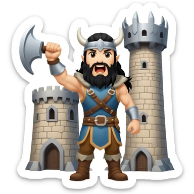 vikingo con armadura de Asgard, pelo negro ondulado, de pie, grito de guerra en torre de Asgard. sticker