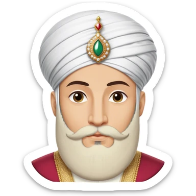 ​Cinematic Realistic Portrait of Suleiman the Magnificent, depicted as a regal Ottoman sultan adorned with a large, white, round, tall turban and a majesti beard, his commanding gaze bathed in warm, historic lighting that exudes timeless authority and grandeur, sticker