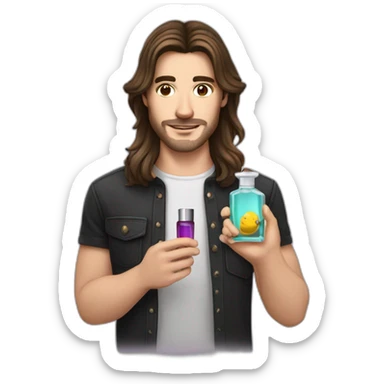 white skin men with long brunette hair with a perfum bottle sticker