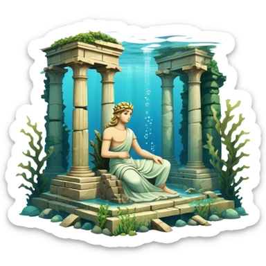 Simple Atlantis underwater ruins with a large sunken statue, fallen columns, broken domes, ancient Greek-style statue partially broken sticker