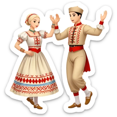 Cinematic Realistic scene of two performers engaging in the Croatian Linđo folk dance, adorned in vibrant traditional costumes with intricate patterns and accessories, captured in graceful, synchronized motion under festive natural lighting. sticker