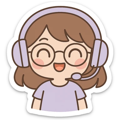 Edit the image to depict a female brunette with glasses and a purple gaming headset in chibi style, with a happy facial expression. Keep the background transparent. sticker
