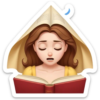 Cinematic Funny Belle Portrait Emoji, Looking exasperated as a book lands on her head, one eye twitching, caught in a hilariously relatable moment of book-lover clumsiness! sticker