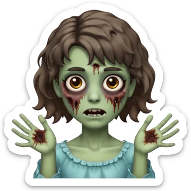 Cabelo ondulado  um pouco cheio e franja curta  Olhos marrons e pequenos e feita d ezumbi mais bonita com cabelo amarro na e com as mãos assim tipo assim🧟‍♀️ sticker