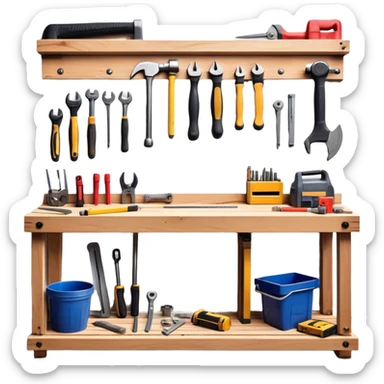 a collection of building supplies, including wooden planks, bricks, metal pipes, nails, screws, a hammer, a saw, and a measuring tape. neatly arranged on a sturdy workbench with a rugged, industrial vibe. sticker