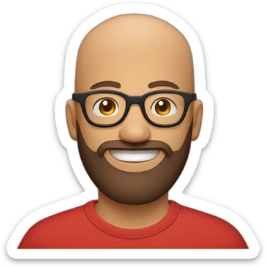 Bald man smiling with glasses and big bushy brown beard with. Wearing red t shirt sticker