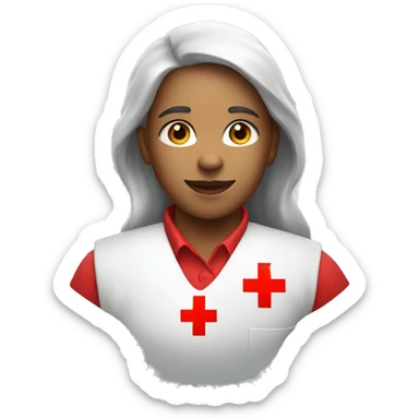a red cross volunteer wearing a red vest with the red cross insignia sticker