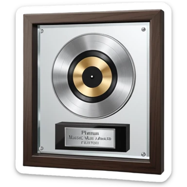 A platinum music award plaque: a square, polished platinum plate with a subtly textured, mirror-like finish, mounted on a simple dark wood base. The center features a relief of a or stylized vinyl record in a slightly darker metallic tone.  sticker
