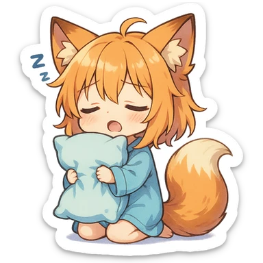 chibi anime style fox character, very sleepy, holding a pillow, cute, colorful, detailed sticker