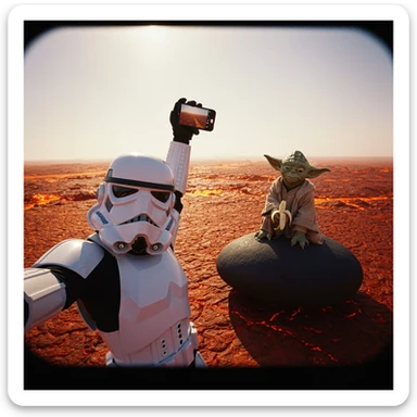 Camera POV, Starwars stormtroopers vlogging selfie, he is walking on lava planet with yoda sticker