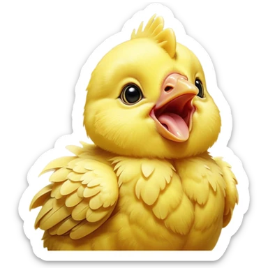 Cinematic Cute Yawning Yellow Baby Chicken Portrait Emoji, Head tilted slightly with a dramatic, wide-open yawn, showcasing a soft, downy yellow coat with little drooping wings, round beady eyes barely open in drowsy contentment, Simplified yet irresistibly adorable features, highly detailed, glowing with a soft, cozy glow, high shine, relaxed yet expressive, stylized with a touch of whimsical charm, bright and endearing, soft glowing outline, capturing the essence of a sleepy yet affectionate chick, so drowsy it feels like it could stretch out of the screen and curl up for a nap! sticker