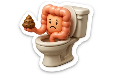 emoji stile iphone di un intestino realistico 3d che esce dal wc con in mano una montagnetta di feci con espressione triste a palline, iperrealistico 4k sticker