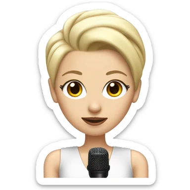 a white woman resembling lady gaga with a blonde slick back hairstyle holding a microphone sticker