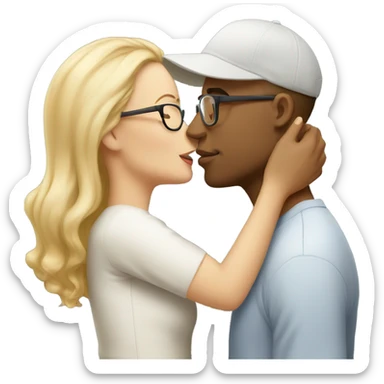 blonde woman with glasses and men with light skin and cap and no glasses kissing. both are white sticker
