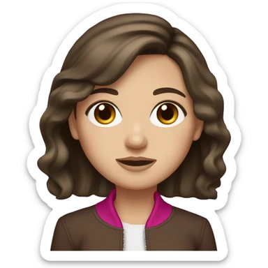 white girl with brown eyes, long dark brown hair, curtain bangs, and a magenta jacket sticker