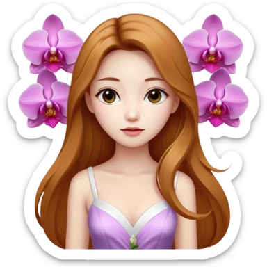 Asian girl with long golden brown hair white skin makeup natural with orchid white/pink only on her left ear, her dress is white  coquette  sticker