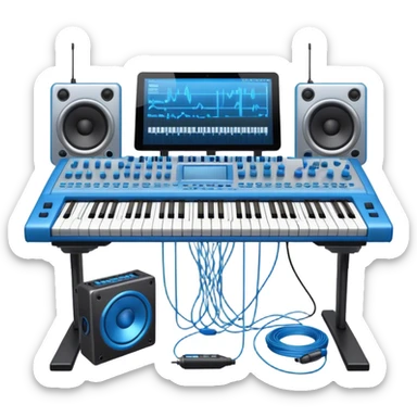 Create a professional and detailed emoji that represents sound design. The design should feature a high-end studio synthesizer (like the Korg), a sound mixing console with visible wires, large studio speakers, and a microphone to symbolize the essential equipment in sound design. Add musical note waves flowing around the equipment to emphasize the connection between sound creation and musical composition. Use sleek, modern colors like black, silver, and neon blue to represent the professional and futuristic nature of sound design. The background should be transparent. sticker