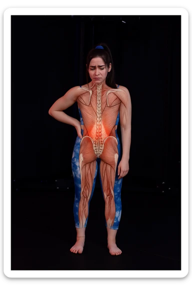 A woman with back pain, add an anatomically highlighted back on the body, variant 3, in a style suitable for editing and anatomical clarity. sticker
