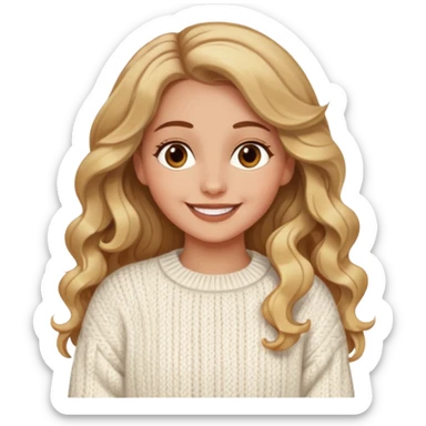 A pretty white girl with hazel brown eyes and long brown and blonde wavy hair in a cosy white knit sweater, she is celebrating her birthday and is happy sticker