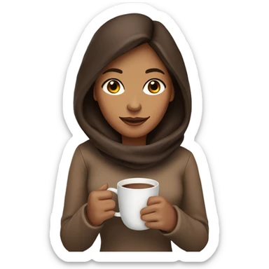 Woman with tan skin and brown hair drinking a cup of hot coco in the cold sticker