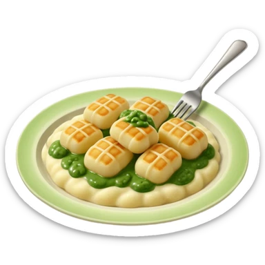 Gnocchi Cinematic Realistic Gnocchi Dish Emoji, depicted as tender oblong potato gnocchi garnished with iconic fork marks on top, rendered with soft textures and warm, inviting lighting. add green  sauce on top sticker