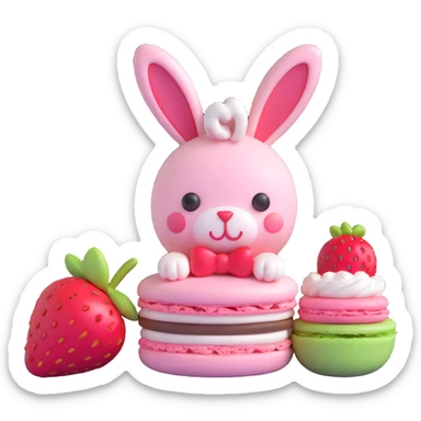 A 3D macaron with a strawberry on top and a bunny peeking out sticker