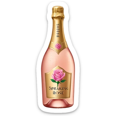 bottle of sparkling rosé with a rose logo on the label, tilted up and to the left, no glass sticker