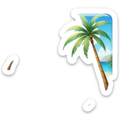 Cinematic Realistic Pristine Crystal-Clear Water Beach Emoji in a wooden frame, Sunny and radiant, with soft golden sand stretching endlessly, gently lapping waves of crystal-clear turquoise water washing onto the shore. The water is so transparent it reveals the shimmering seabed below, creating an idyllic, pristine setting. Above, the sky is a vivid blue, with a few gentle wisps of clouds. Palm trees sway gracefully in the warm breeze, their reflections mirrored in the water. Soft glowing outline, capturing the essence of a peaceful, serene beach paradise where every element gleams with natural beauty. sticker