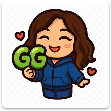 Create a chibi emote of a woman from the reference wearing a blue hoodie and jeans, holding a large, bubbly 'GG' sign with hearts, cute happy face, no headband, no wand, matching the attached green heart emote as a base, transparent background sticker