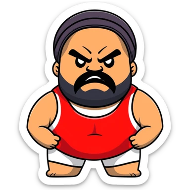 White skin fat guy with prominent black durag, black beard, black eyes in a red and black wrestling singlet with angry face sticker