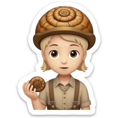 Shelly has a small, chibi-style body with a large ammonite-shaped head that looks like a beige fossil shell. One side of her head has a dark opening, making it clear she isn’t human. Her face is simple and soft, with big round eyes. She wears a brown suspender outfit over a lighter shirt sticker