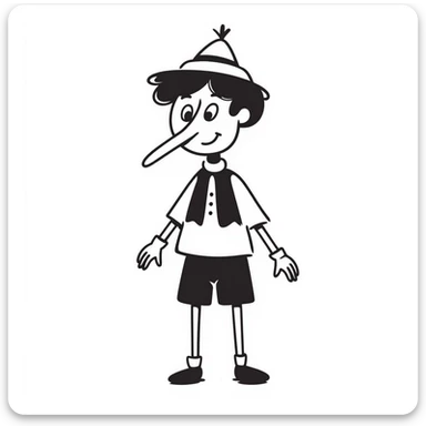 Hand-drawn Pinocchio puppet with a very long nose, wearing blue clothing and pointed hat sticker