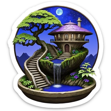 Alien saucer house jungle-vines precarious narrow stairway fountain mountain-island getaway nighttime landscape antique mudman very old broken cracked intricate Stone Age lapis-crusted irregular dodecagon-shaped shallow dark moss rough bark violet serissa flowered maple tree bonsai pot sticker