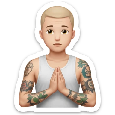 A 20 year old white man with a buzz cut and tattoos all over his arms and chest. Pleading face with hands praying wearing a white tanktop sticker