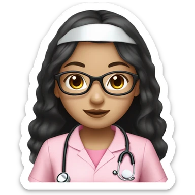 Pretty Aian girl (beige white skin tone and big eyes) with circle silver glasses, long black hair , wearing a pink nurse uniform (scrub) with a stethoscope sticker