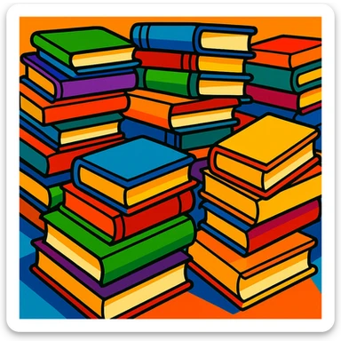 many stacked books, colorful cartoon style, vibrant, playful sticker