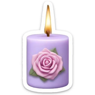 A soft lilac candle with a delicate pink wax rose on top, placed beside an old poetry book. sticker