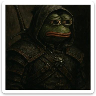 Пэпэ in The Witcher style, with a dark fantasy look and a silver sword sticker