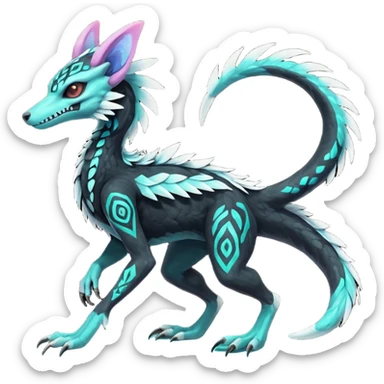 Rare glowing neon realistic tribal patterned whitish pastel colorful iridescent shiny glossy feathery epic handsome gorgeous aesthetic black-skulled Vernid-Trico-Sergal-Salandit-Nargacuga-species-Fakemon-creature by LiLaiRa, 4 legs, 1 tail, random markings, (full body) long ears sticker