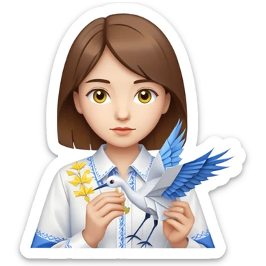 Ukrainian young girl with brown hair wearing a white embroidered shirt holds an origami yellow-blue crane sticker