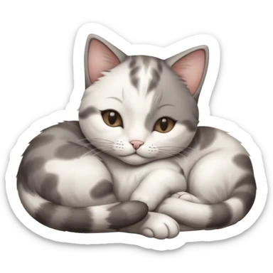 1 grey and white small cat with its eyes closed lying down leaning on its elbow with its paw curled under his head holding it up sticker