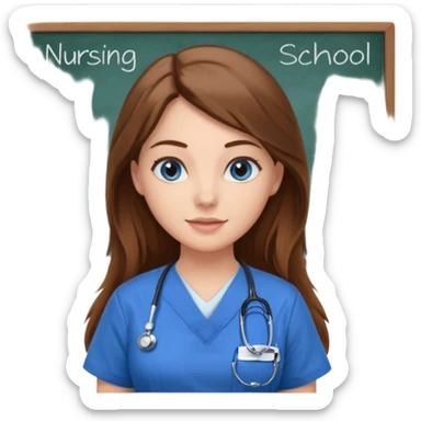 inside a classroom at university that says nursing school on the board with a pretty female nursing student with long brown hair, blue eyes sticker